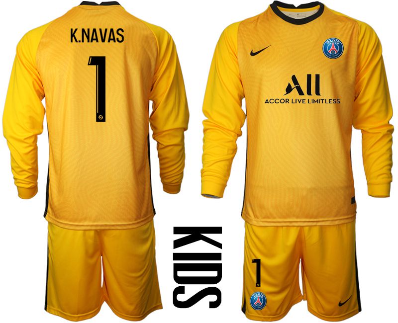 Youth 2020-2021 club Paris St German yellow goalkeeper long sleeve #1 Soccer Jerseys
